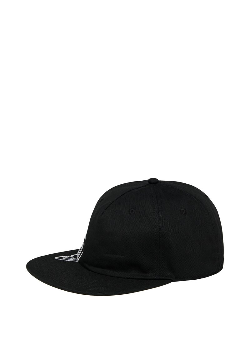 Black cap with a flat visor, made of cotton, featuring a white embroidered logo on the front and eyelet ventilation holes on the top.