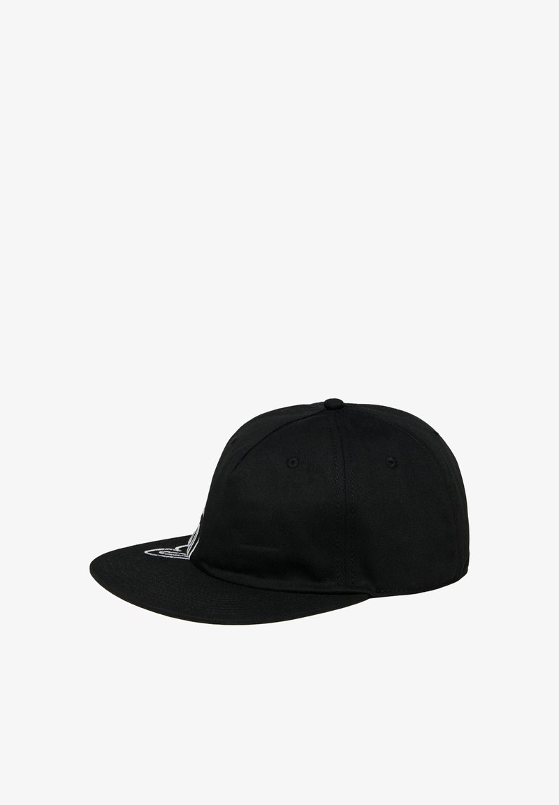 Black cap with a flat visor, made of cotton, featuring a white embroidered logo on the front and eyelet ventilation holes on the top.