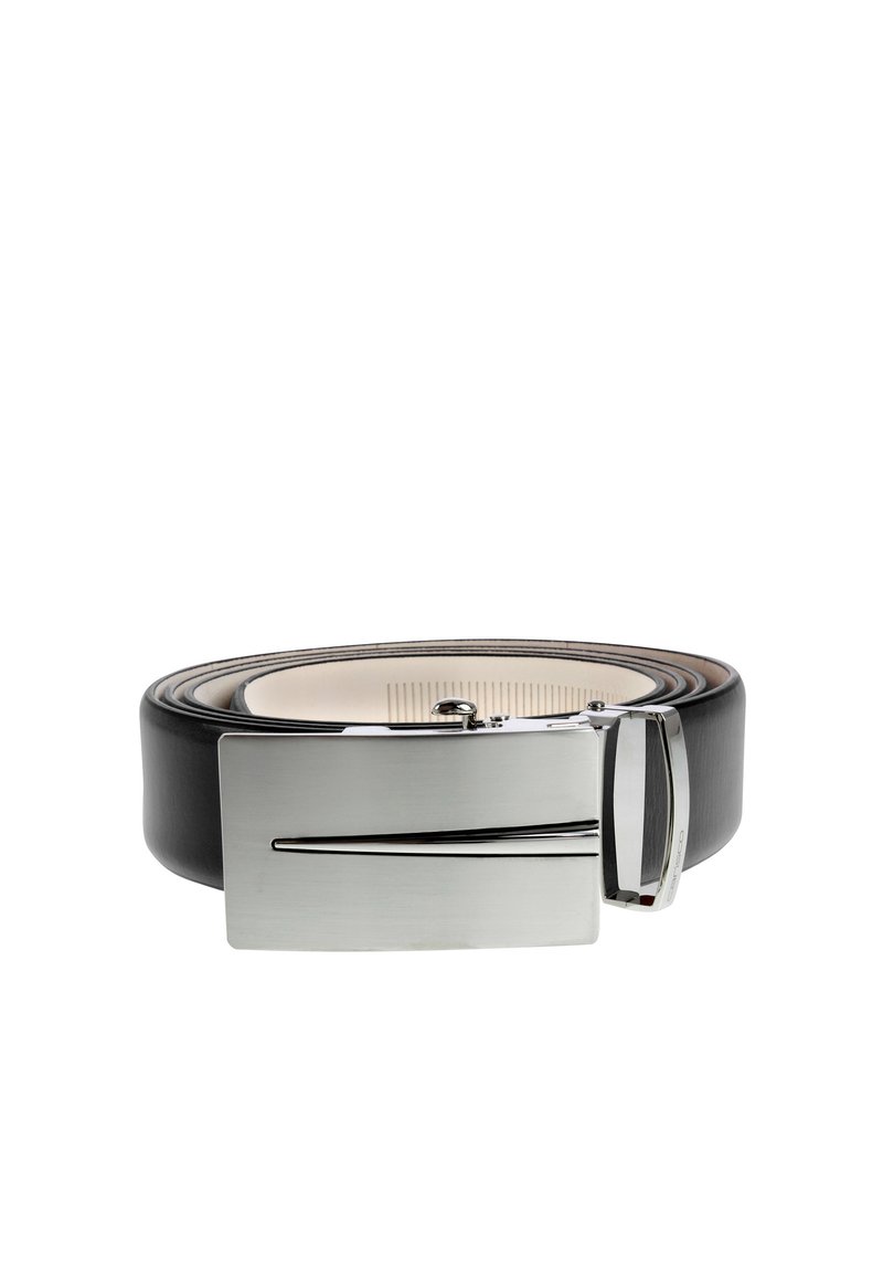 Black leather belt with a rectangular silver metal buckle featuring a sleek, engraved line pattern and a textured inner lining.