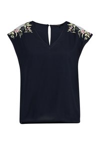 Mörkblå blus med korta ärmar, V-ringning, blommönsterbroderi på axlarna och en nyckelhålsbakdetalj, tillverkad av ett lätt, slätt tyg.