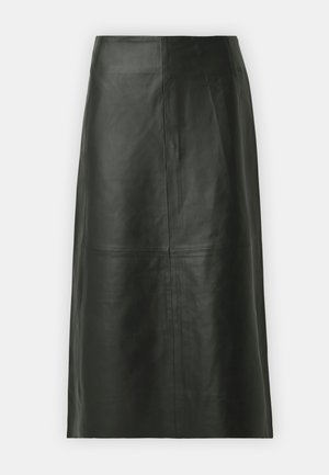 Black leather midi skirt with a straight cut. Smooth texture, minimal seams, and a fitted waistband. No visible pockets or additional details.