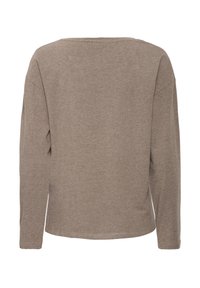 Braunes Langarmshirt aus weichem, leichtem Stoff. Verfügt über einen weiten Ausschnitt, eine lockere Passform und keine sichtbaren Muster oder Akzente.