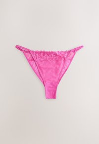 Pink lace and mesh women's thong underwear with double side straps on a plain light background.