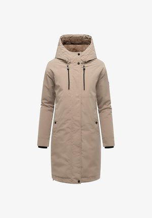Beige lange jas met een bontgevoerd capuchon, twee voorzakken, trekkoorden, zwarte accenten en een licht gestructureerd buitenmateriaal.