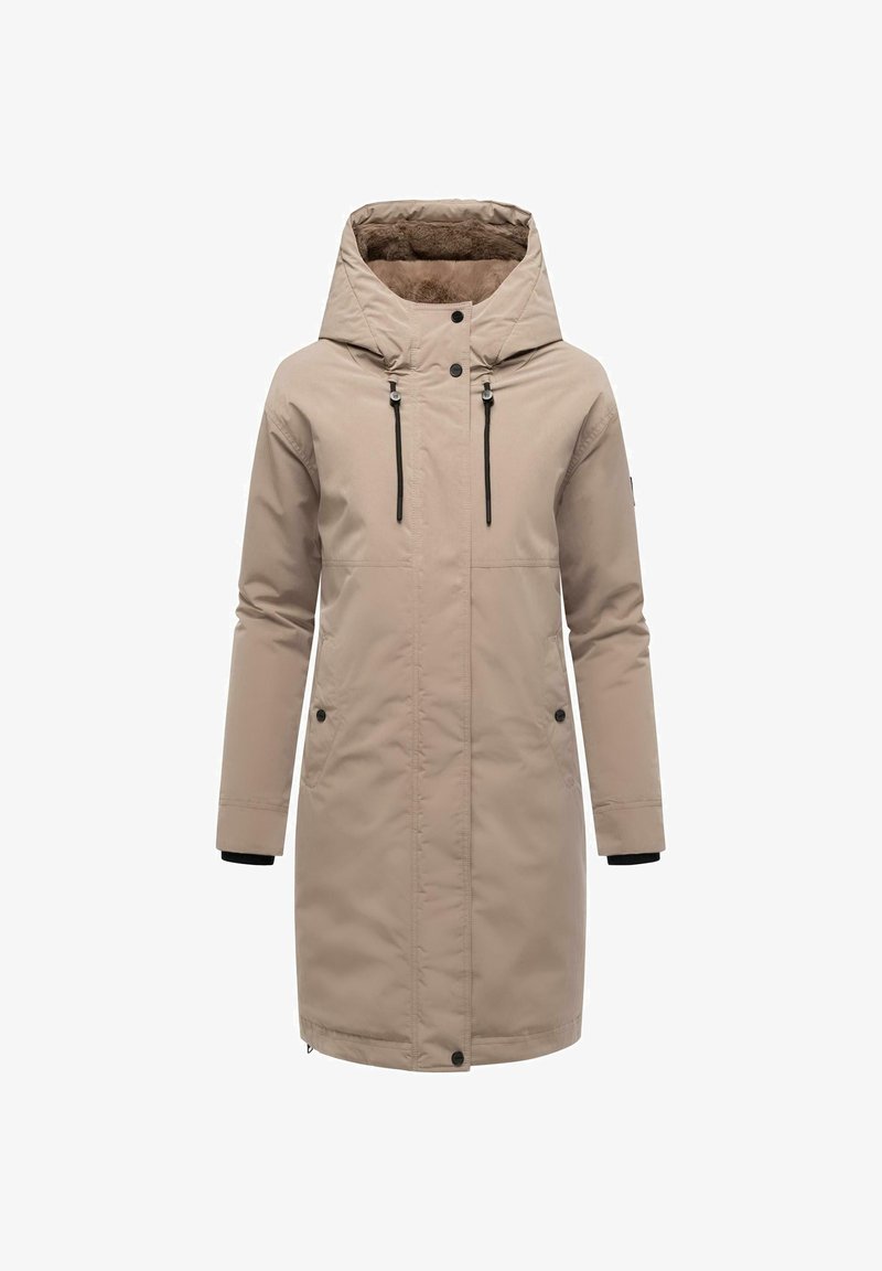Beige long coat with a fur-lined hood, two front pockets, drawstrings, black accents, and a slightly textured outer material.