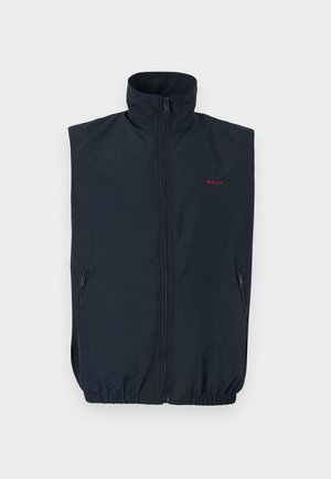 Black sleeveless vest with front zipper, high collar, zippered side pockets, and small red "BALLY" logo on the chest.