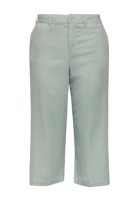 Lichtgroene cropped broek gemaakt van zachte stof, met knoopsluiting, rechte snit en subtiele textuur zonder patronen of accenten.