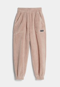 Fleece joggingbroek in zachtroze met elastische tailleband, geribbelde boorden en twee zijzakken. Bevat een label op de rechterzak.