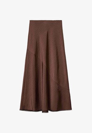 Brun midi-nederdel med asymmetrisk søm, let A-form og struktureret stof.