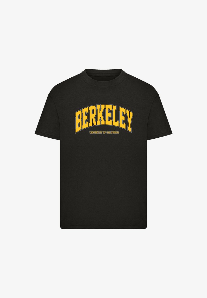 Black cotton t-shirt featuring bold yellow text that reads "BERKELEY" in an arch, with "UNIVERSITY OF CALIFORNIA" below in smaller font.