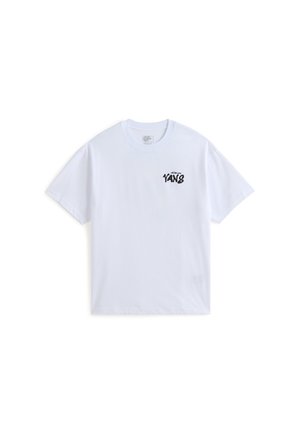 T-shirt bianco in cotone con collo rotondo e maniche corte. Presenta un logo nero "VANS" stampato sulla parte sinistra del petto.