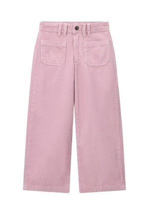 Roze corduroy wijde broek met een hoge taille, voorzien van twee achterzakken en een voorste knoopsluiting. Gelaagd stof met een ribbenpatroon.