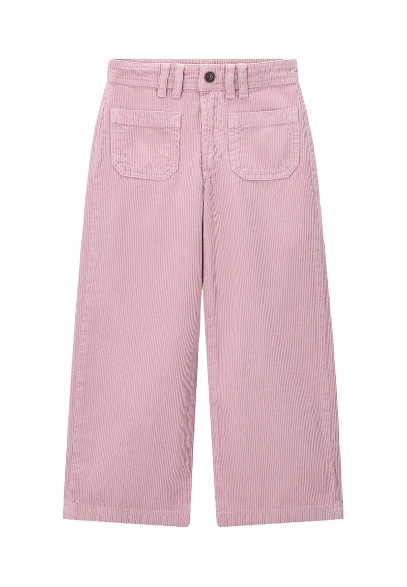 Pantalons en velours côtelé rose à jambes larges et taille haute, avec deux poches arrière et une fermeture à bouton à l'avant. Tissu texturé avec un motif en côtes.