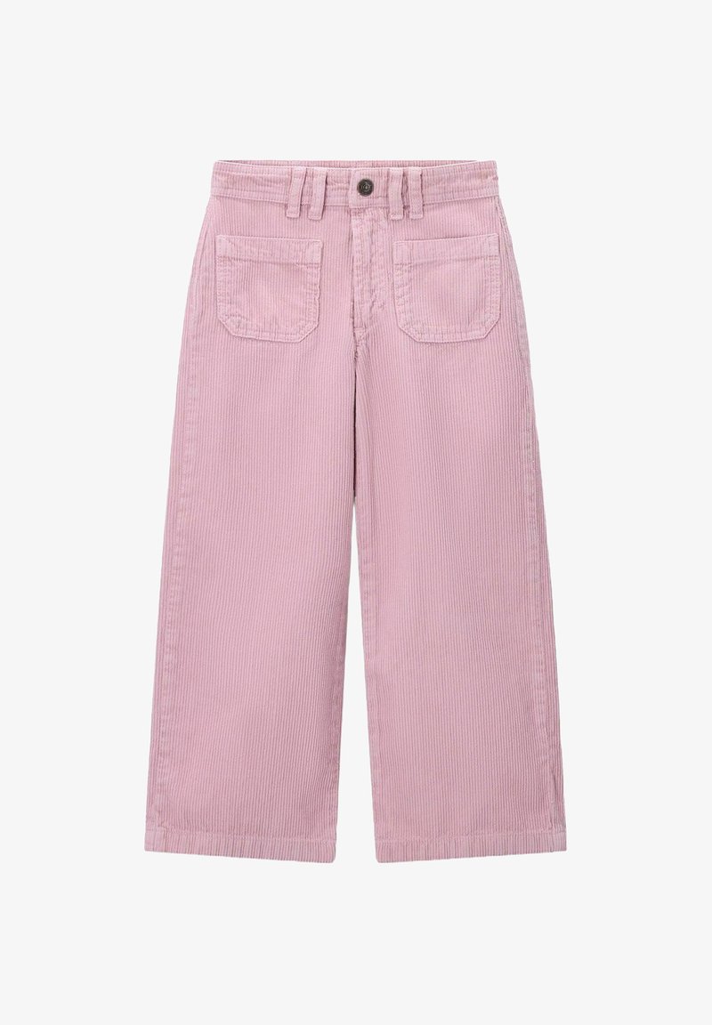 Pantalons en velours côtelé rose à jambes larges et taille haute, avec deux poches arrière et une fermeture à bouton à l'avant. Tissu texturé avec un motif en côtes.