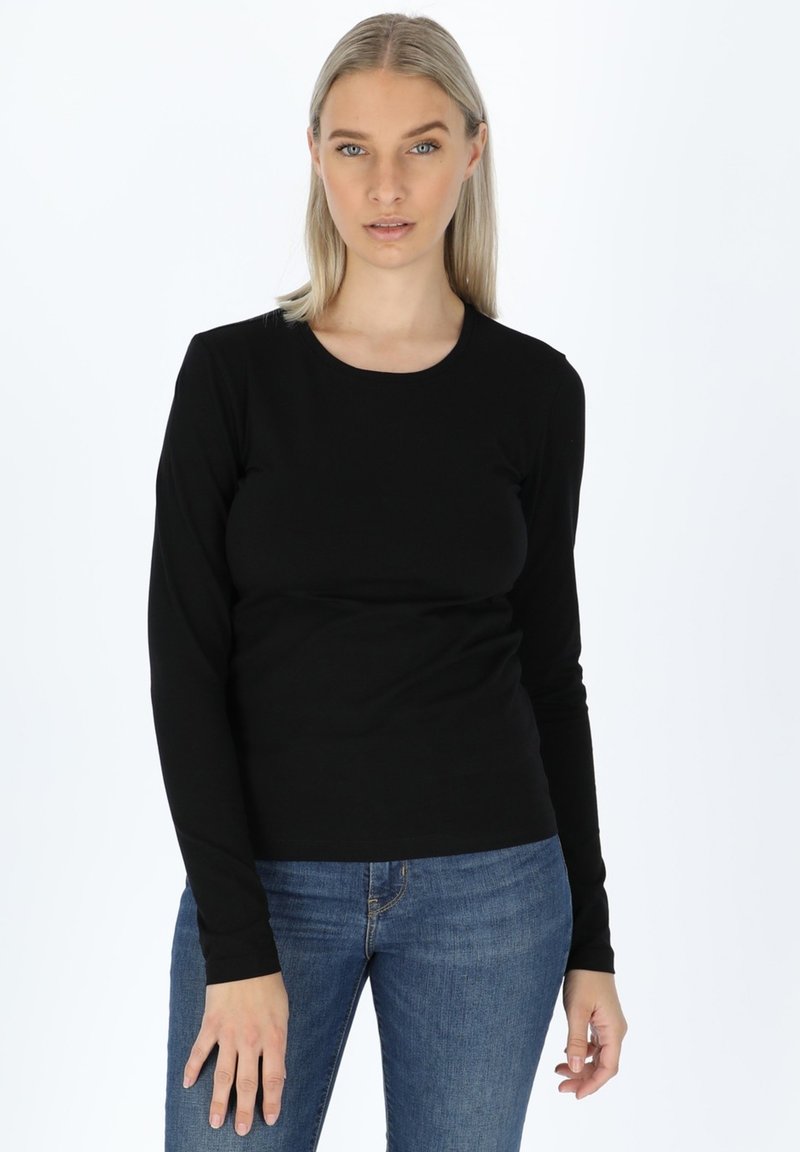 Maglietta nera a maniche lunghe realizzata in un tessuto liscio e elasticizzato; presenta un collo rotondo e una silhouette aderente, abbinata a jeans in denim blu.