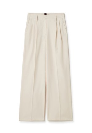 Beige weit geschnittene Hose mit Falten, seitlichen Taschen und einer glatten Textur. Sie verfügt über einen Bund mit einer diskreten Schlaufe und einem taillierten Design.