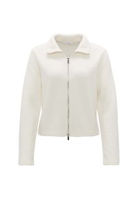 Fleece zip-up jakke i cream, med flad krave, lange ærmer og en sølv lynlås. Glat tekstur uden synlige mønstre.
