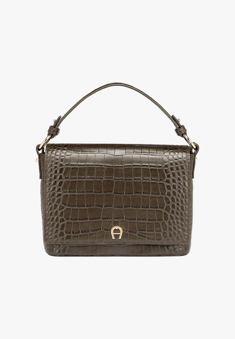 Borsa in pelle con stampa coccodrillo di colore verde oliva scuro, dal design strutturato, con accento del logo oro e una singola tracolla removibile.