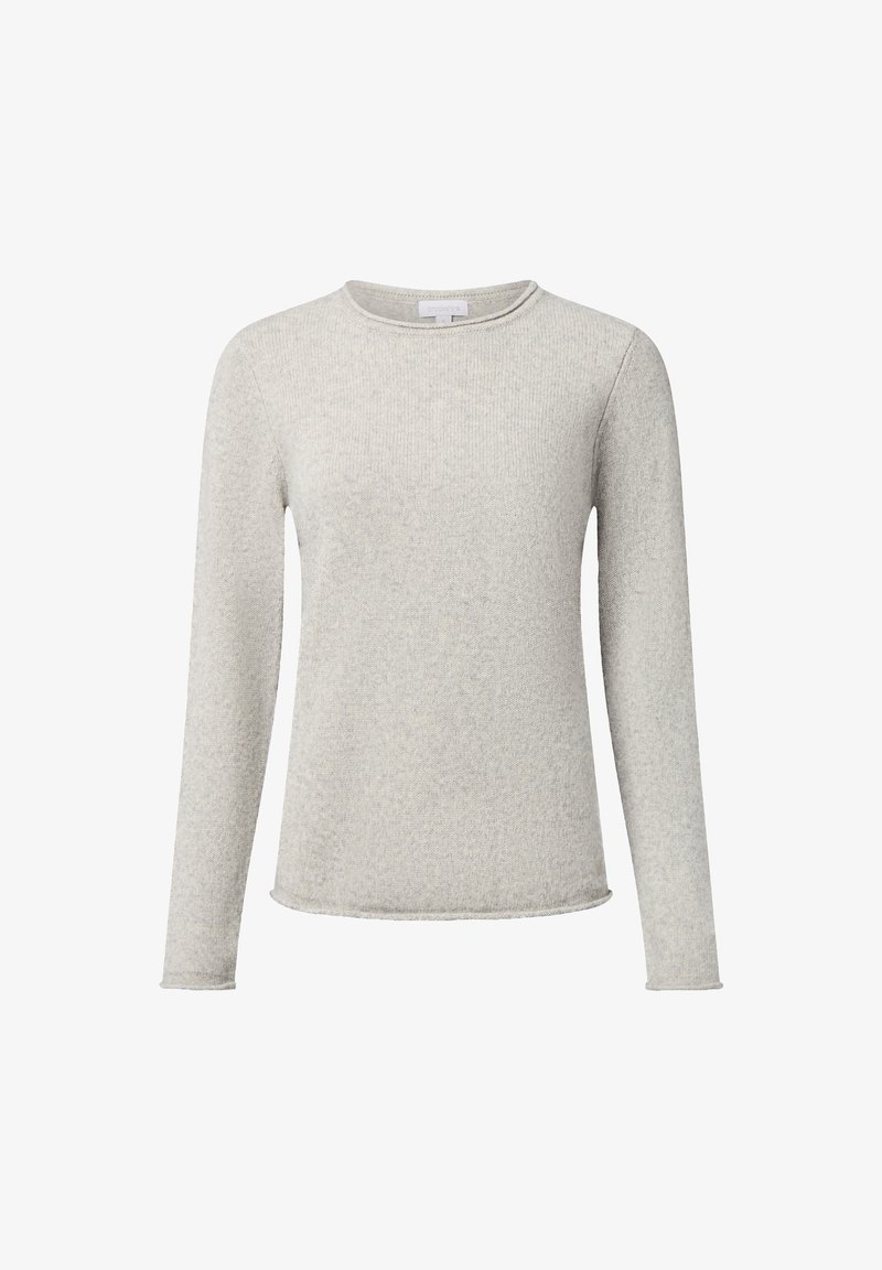 Sweatshirt à col rond en maille douce, de couleur gris clair, à manches longues avec un ourlet et des poignets légèrement retroussés.