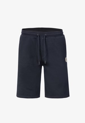 Shorts bleu marine mi-cuisses avec une taille élastique et un cordon de serrage ajustable, arborant un petit logo beige sur le côté.