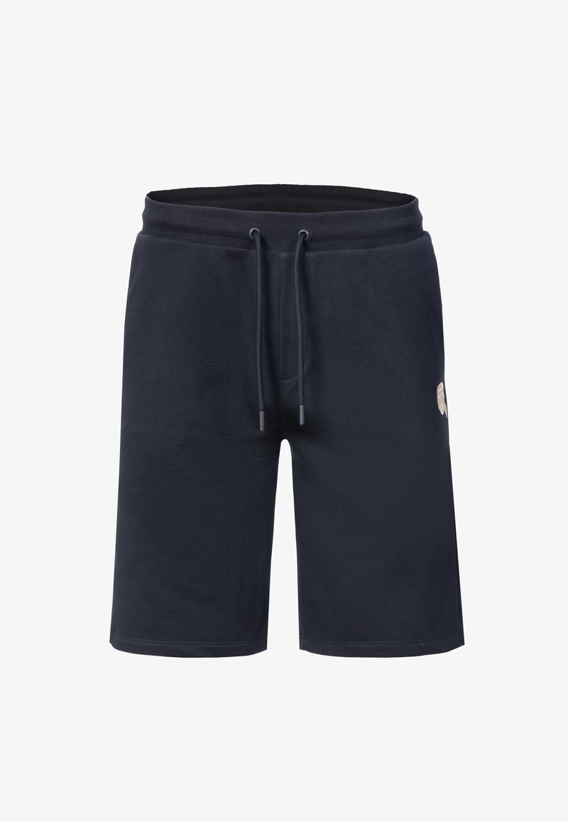 Navy blue knee-length shorts with an elastic waistband and adjustable drawstring, featuring a small beige logo on the side.