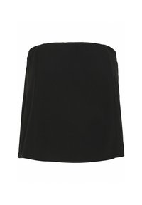 Schwarzes, trägerloses Oberteil aus glattem Stoff mit geradem Ausschnitt und fließender Silhouette. Minimalistisches Design, keine zusätzlichen Muster oder Verzierungen.
