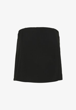 Schwarzes, trägerloses Oberteil aus glattem Stoff mit geradem Ausschnitt und fließender Silhouette. Minimalistisches Design, keine zusätzlichen Muster oder Verzierungen.