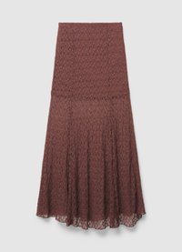Lace midi skirt in dark red with a textured pattern, featuring a flared hem and fitted waistband, creating a lightweight, airy design.