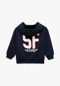 Granatowy hoodie wykonany z bawełny, z dużym białym i czerwonym nadrukiem "SF" oraz tekstem "SAN FRANCISCO GOLDEN GATE BRIDGE" poniżej.