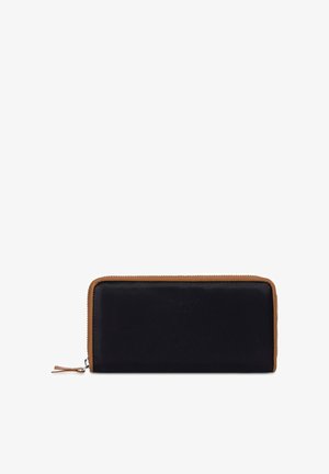 Black leather wallet with a tan trim, featuring a zip closure and embossed logo detail on the front. Smooth texture and rectangular shape.