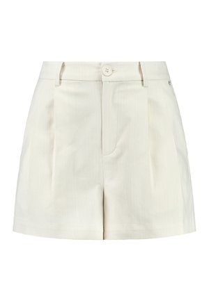Hvide shorts lavet af et struktureret stof, med flad front, to sidelommer og en enkelt knaplukning i taljen.
