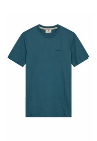 Tricou din bumbac teal, cu gât rotund, mâneci scurte, un logo subtil pe piept și detalii de cusătură la margine și la mâneci.