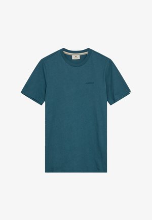 Mėlynas medvilninis marškinėliai su apvaliu kaklu, trumpomis rankovėmis, subtiliu logotipu krūtinėje ir siuvimo detalėmis ant apačios bei rankovių.