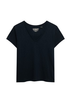 Zwart T-shirt met korte mouwen voor dames, V-hals, met het Superdry Premium-logo gedrukt aan de binnenkant van de halslijn.