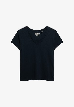 Zwart T-shirt met korte mouwen voor dames, V-hals, met het Superdry Premium-logo gedrukt aan de binnenkant van de halslijn.