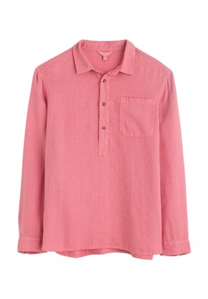 Long-sleeve, button-up shirt in light pink linen. Features a pointed collar, a single chest pocket, and brown buttons along the placket.