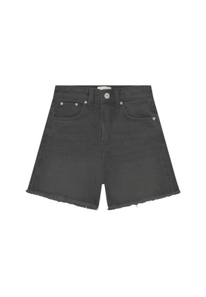 Zwarte spijkershorts met hoge taille, knoopsluiting, zakken aan de voorkant en ruwe zoomranden.