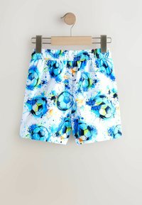 Blauwe en witte zwembroek met een kleurrijke print van een voetbal. Voorzien van een elastische tailleband en een glad, lichtgewicht materiaal.