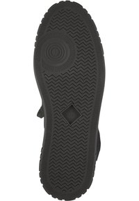 Schwarze Gummisohle mit einem Zickzackprofil, das in der Mitte ein rundes Logo und ein diamantförmiges Markenzeichen aufweist.
