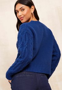 Kratka modra pulover v teksturiranem pletenju z rokavi v kabelskem pletenju in rebrastim robom. Model pozira z rokama v žepih in prikazuje zadnji pogled.