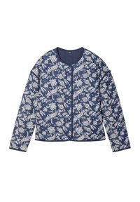 Veste matelassée à fleurs navy avec un col rond, des manches longues et une fermeture à boutons décoratifs. Présente des motifs floraux aux tons clairs.