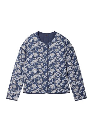 Marineblaue, floral gestepfte Jacke mit rundem Halsausschnitt, langen Ärmeln und dekorativem Knopfverschluss. Vorhandene helltönige Blumenmuster.