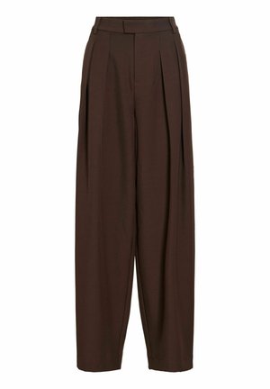 Rjavi široki hlače z visokim pasom, sprednjimi gubami in pasom, krojene za ohlapen kroj.