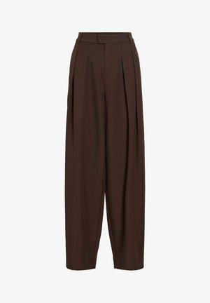 Pantalon marron taille haute à jambes larges avec plis devant et ceinture, conçu pour une coupe ample.