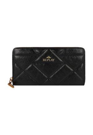 Black leather wallet with quilted design, gold logo embossed, zip closure, and a decorative hardware charm on the side.