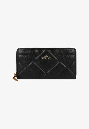 Black leather wallet with quilted design, gold logo embossed, zip closure, and a decorative hardware charm on the side.