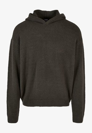 Sweat à capuche vert foncé avec une coupe décontractée, fabriqué à partir d'un matériau tricoté doux. Présente des poignets et un ourlet côtelés, des épaules sans couture et un minimum de détails.