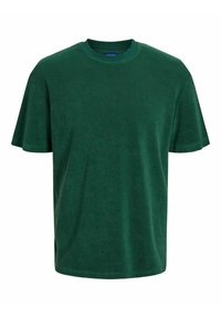 Green t-shirt made of soft material, featuring a classic round neck, short sleeves, and a relaxed fit with no visible patterns or accents.