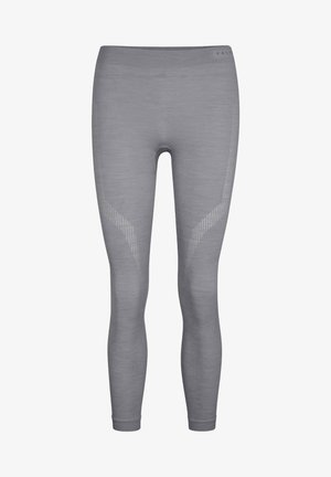 Grijze sportleggings met een gladde textuur, een aansluitend ontwerp en subtiele reflecterende accenten aan de zijkanten voor verbeterde zichtbaarheid en stijl.