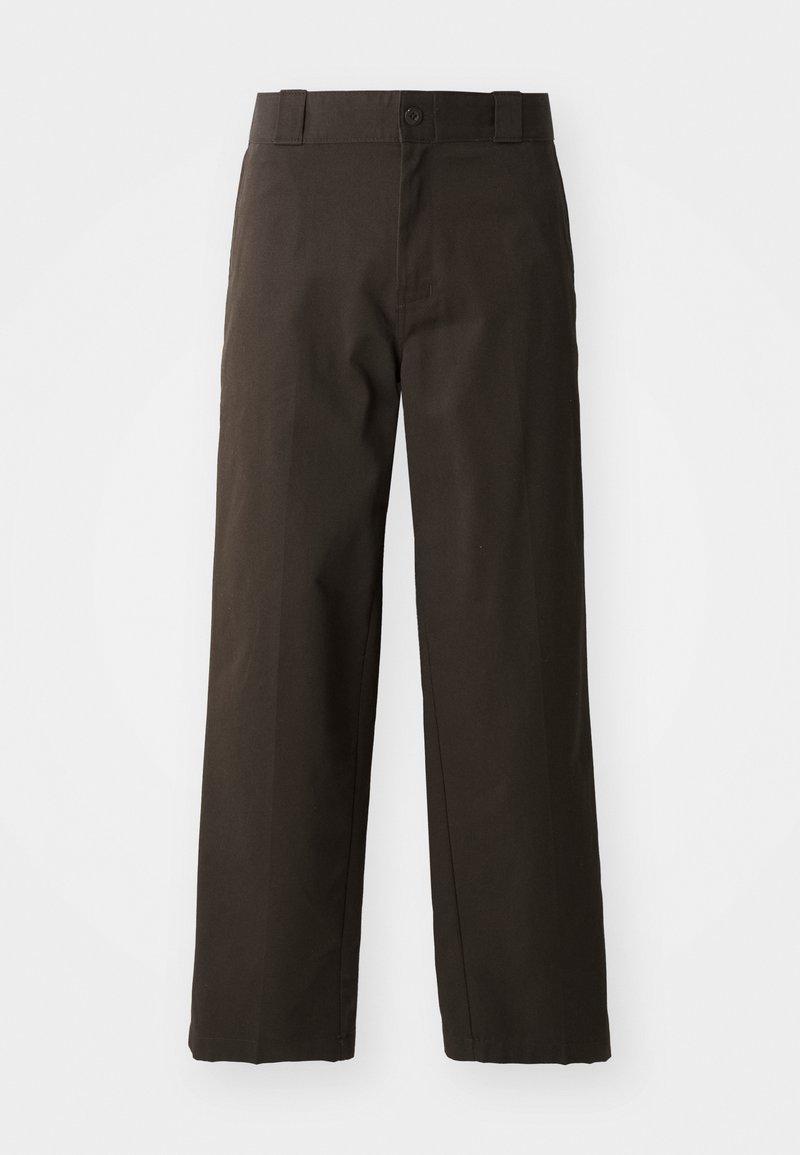 Schwarze Baumwollhosen mit geradem Bein, ausgestattet mit einem Knopfverschluss und einem klassischen Bund. Glatte Textur, keine Muster oder Akzente.